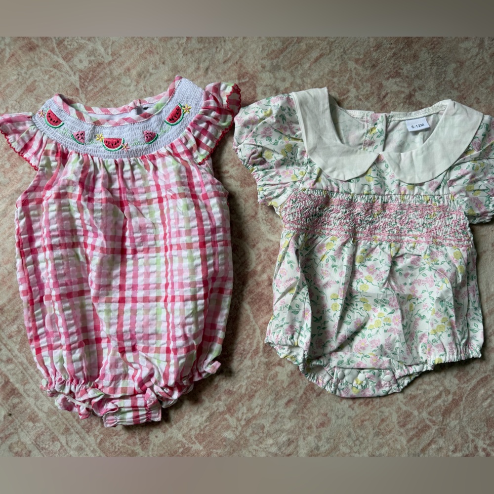 Pink Plaid Watermelon Trim Baby Romper & Floral Smocked Top  Summer Bundle